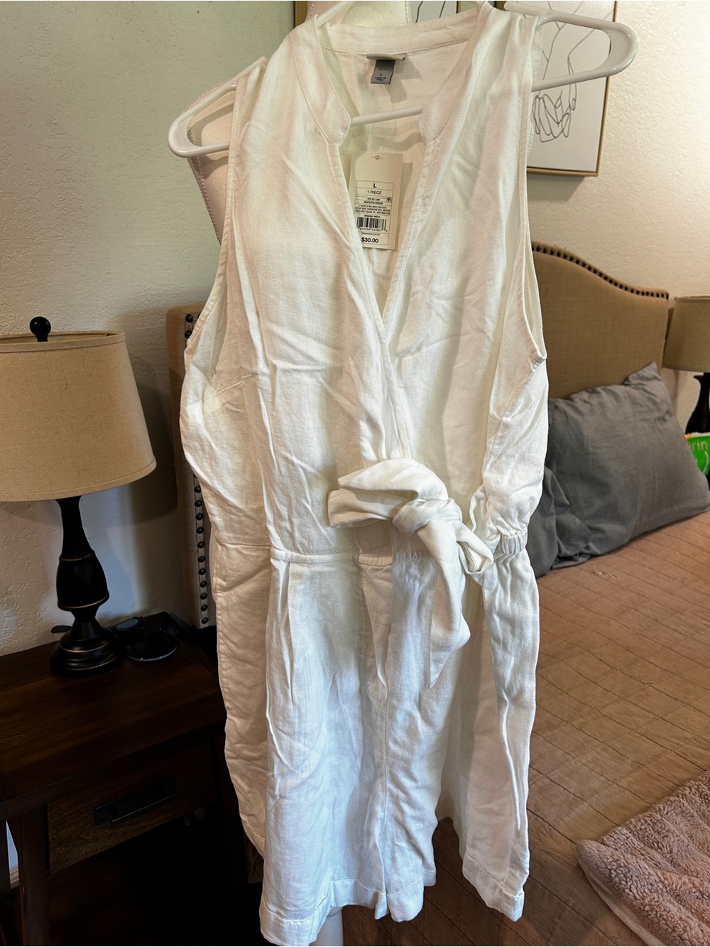 a new day White Sleeveless Tie-Waist Linen Romper